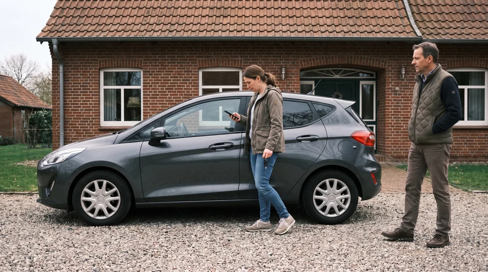 Verkäuferin prüft neben ihrem Auto das Handy, der Käufer wartet daneben