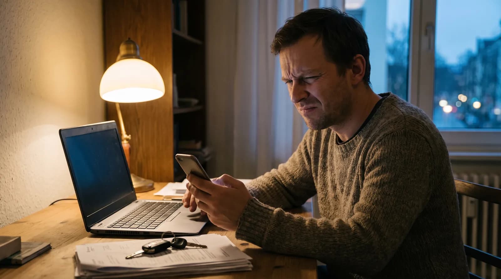 Mann sitzt abends am Schreibtisch und schaut skeptisch auf sein Handy, daneben ein Autoschlüssel