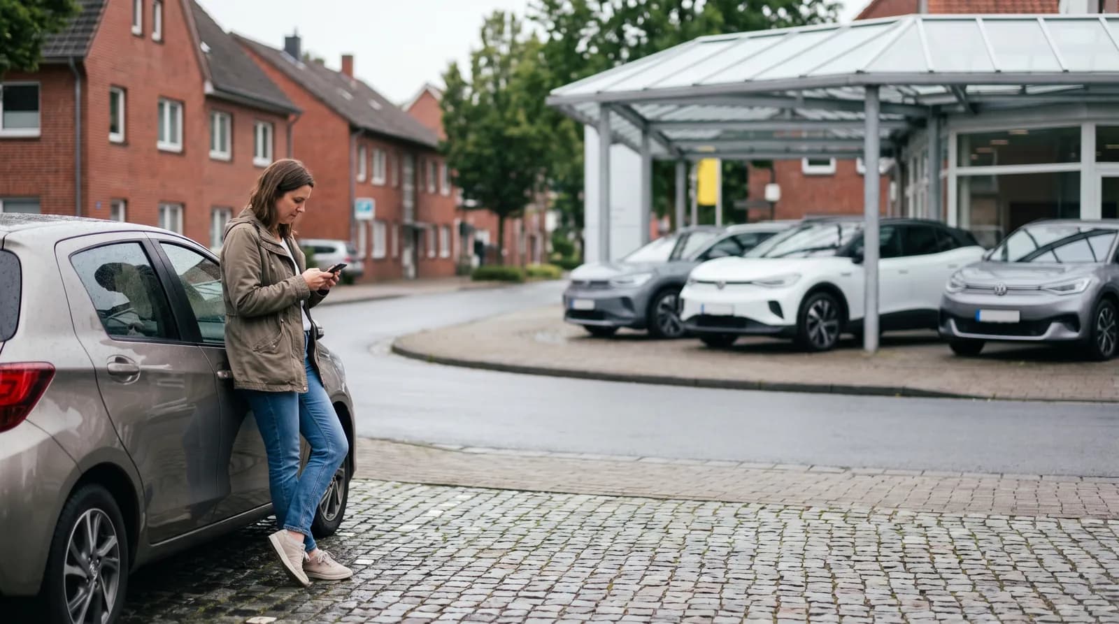 Frau lehnt mit dem Handy an ihrem Auto, gegenüber liegt ein Autohaus