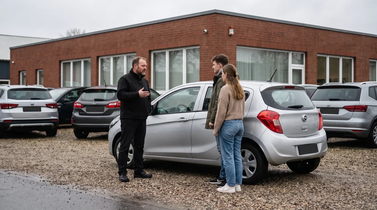 Händler spricht auf dem Hof eines kleinen Autohauses mit einem Paar neben einem silbernen Kleinwagen