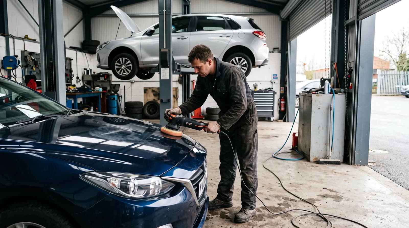 Mitarbeiter poliert in einer Werkstatt die Motorhaube eines blauen Gebrauchtwagens